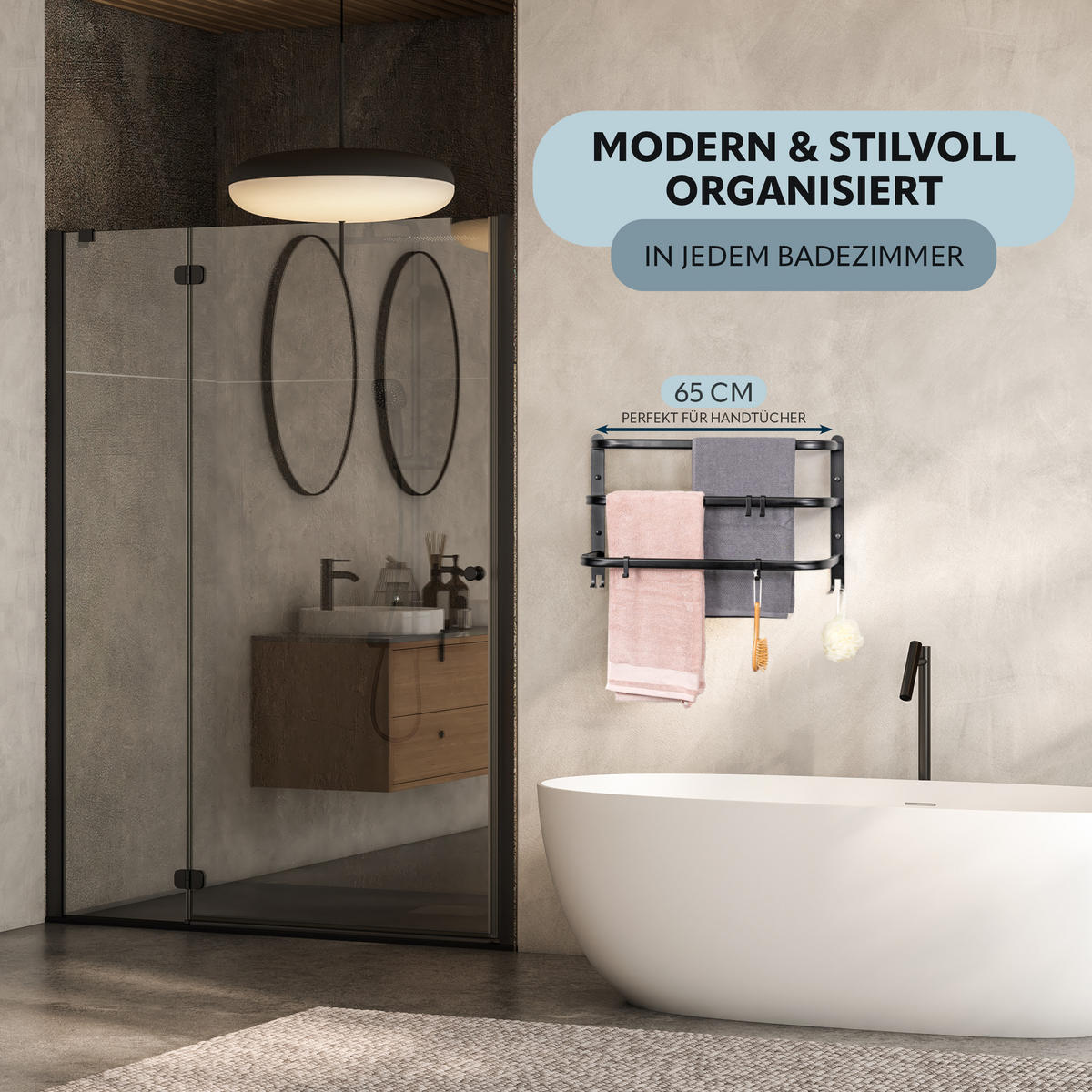 WAND-HANDTUCHHALTER 3 Stangen, schwarz - Schwarz, Metall (67.5/40/23cm) - bremermann