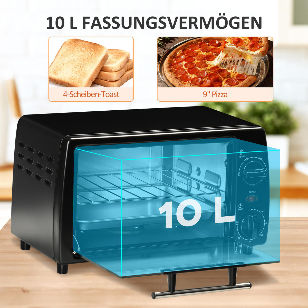 MINIBACKOFEN Metall Gehärtetes Glas Schwarz - Schwarz, Metall (36.5/26/22cm) - HOMCOM