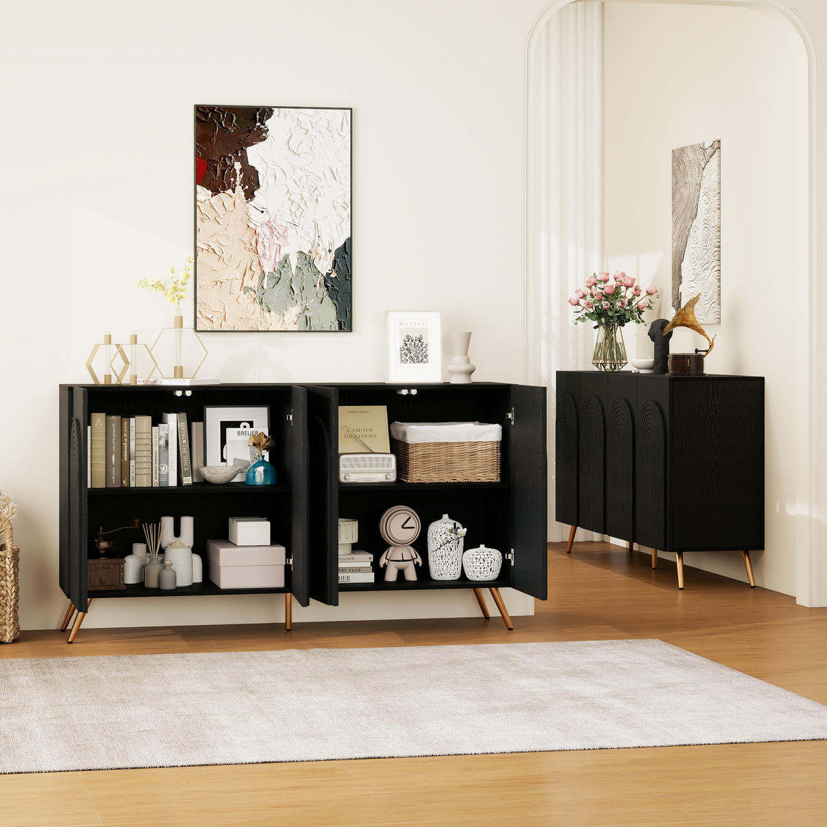 ANRICHTE Mid-Century-Design Schwarz-Goldfarben 150/38/83 cm - Schwarz, Holz (150/83/38cm) - PANGIVO