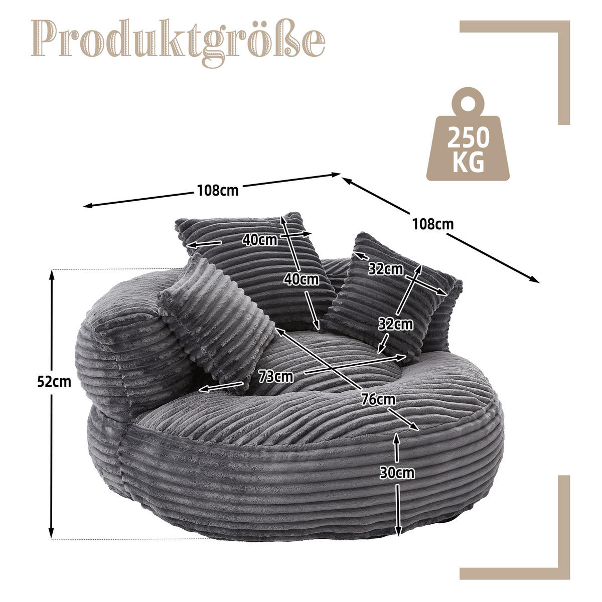 SITZSACK Cord Dunkelgrau - Grau, Textil (108/52/108cm) - WISHDOR