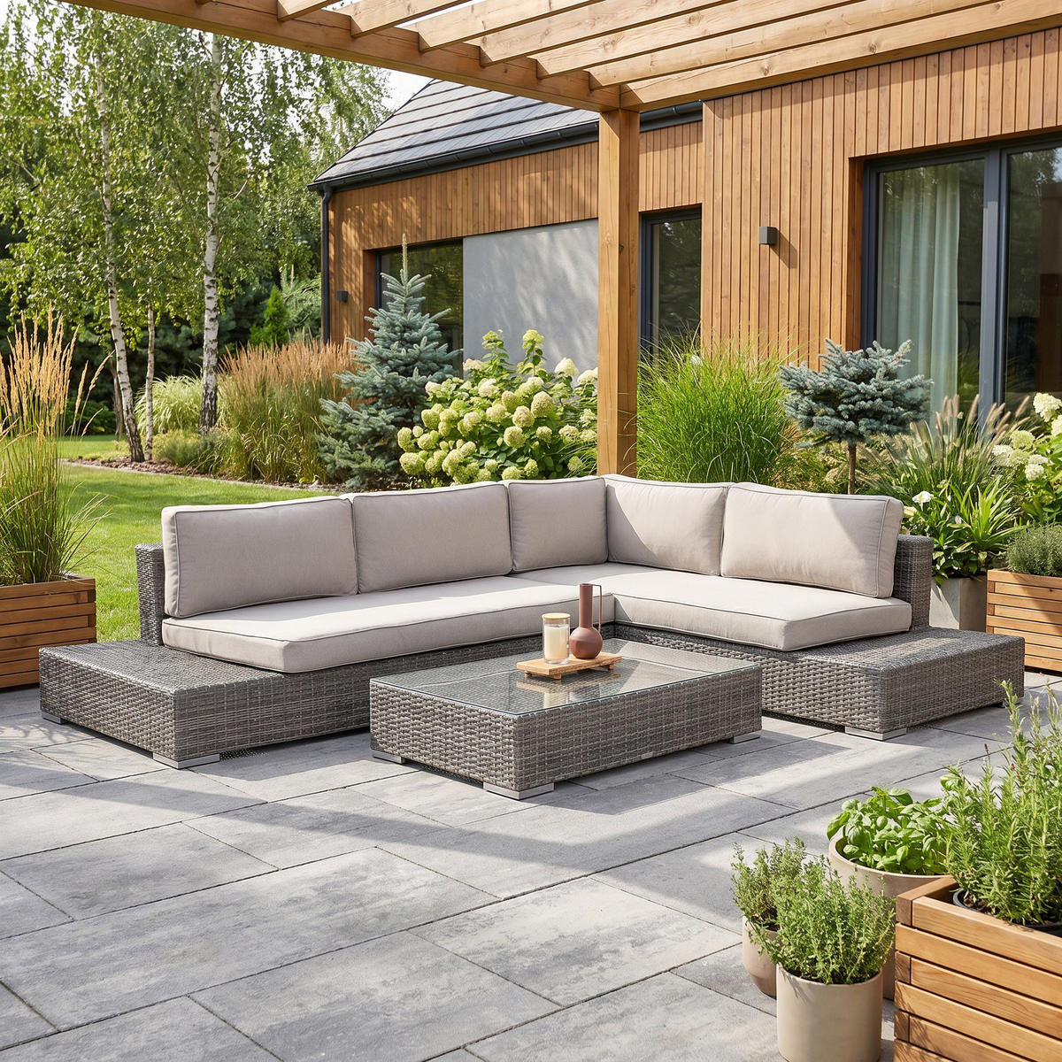ZAHRADNÍ SADA Firenze z technoratanu, rohová pohovka a konferenční stolek, pro 4 osoby, tmavě šedá - tmavě šedá/béžová, přírodní materiály - Beautysofa
