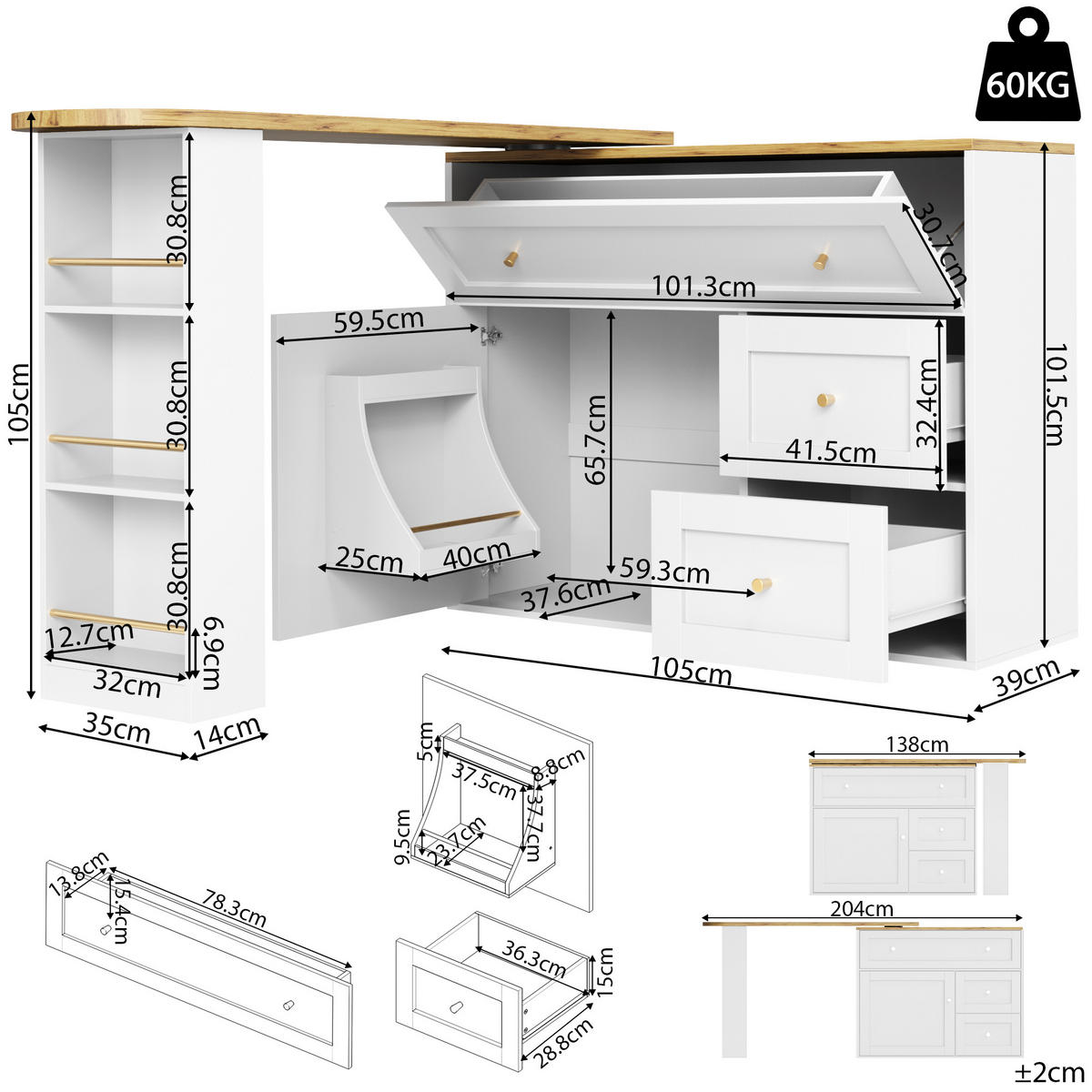 BARTISCH aus MDF mit Stauraum & 360°-Drehplatte, ausziehbar 138-204/39/105 cm, Weiß - Weiß, Holzwerkstoff (39/105/138cm) - Redom
