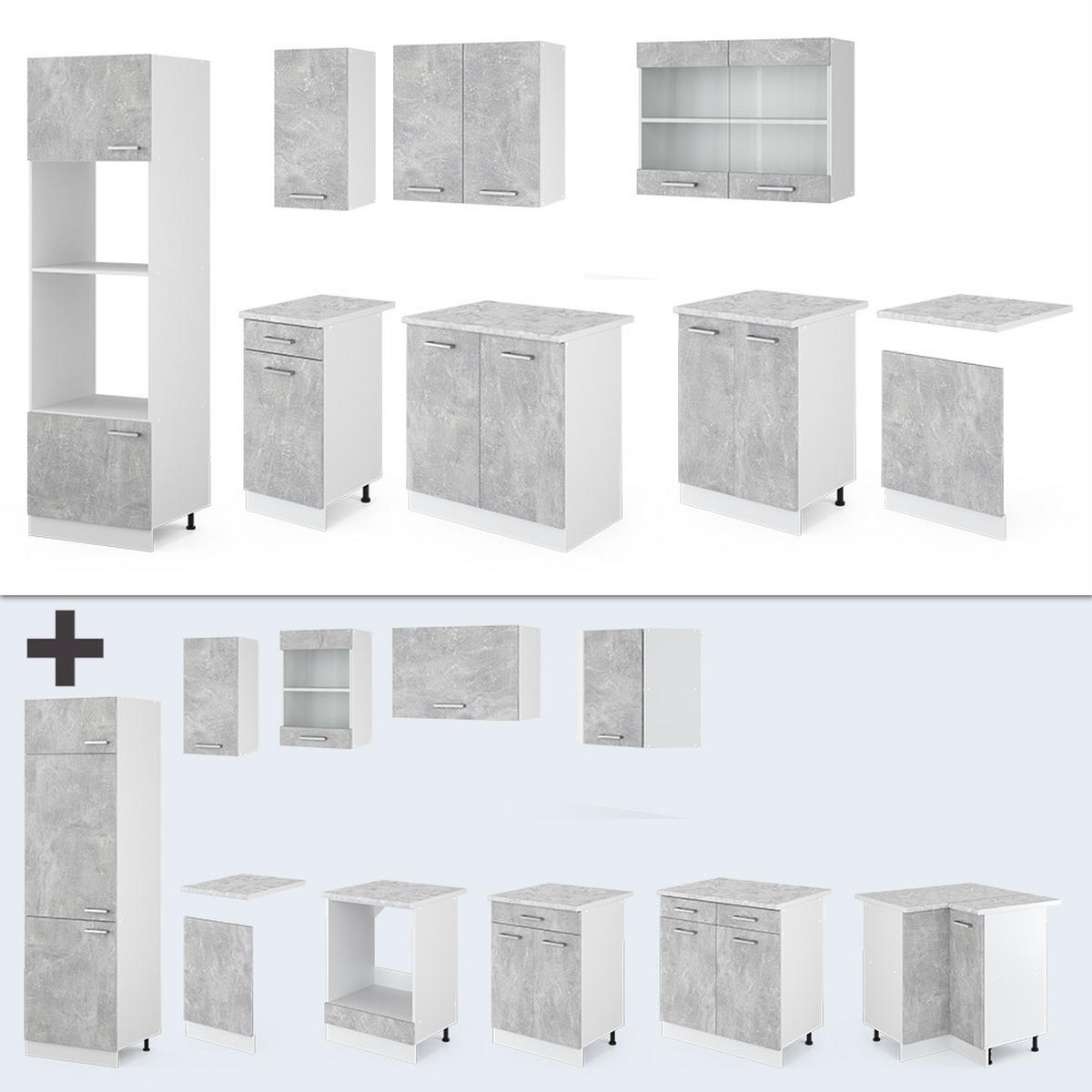 KÜCHENZEILE R-Line Beton/Weiß 300 cm mit Hochschrank, AP Anthrazit - Schieferfarben/Weiß, Holzwerkstoff (300/81.6/60cm) - Vicco
