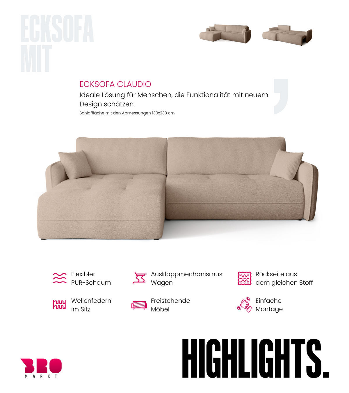 ECKSOFA CLAUDIO mit Schlaffunktion Milchkafee - Creme, Textil (263/150cm) - Bromarkt
