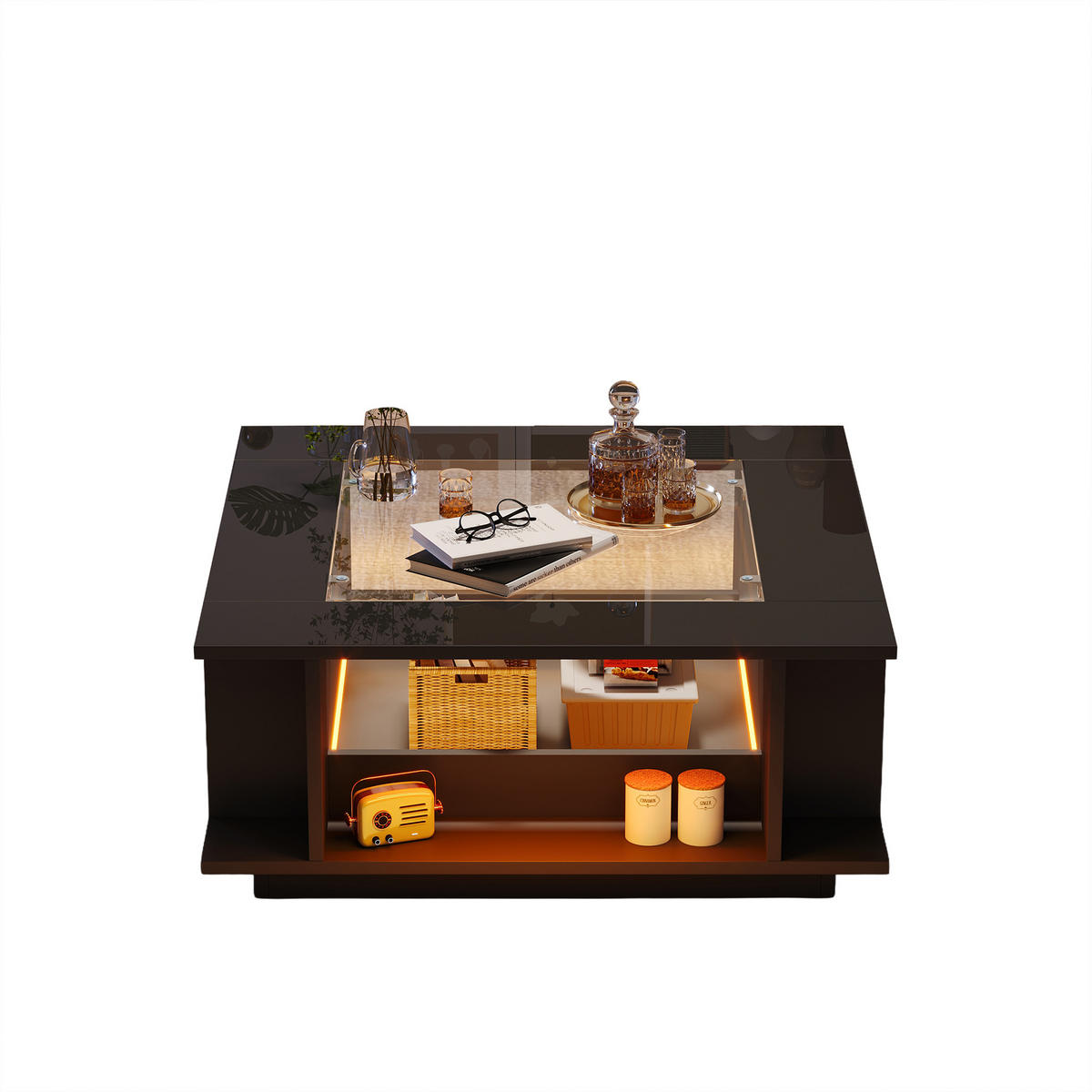 COUCHTISCH DE-37114 quadratisch mit Glasplatte und LED Schwarz - Schwarz, Holzwerkstoff (70/70/30cm) - ComfortXL