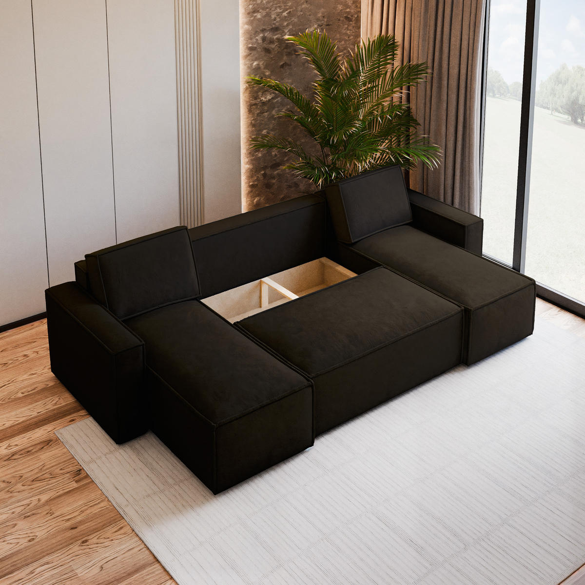 WOHNLANDSCHAFT PESANO M Braun Velours-Stoff mit Schlaffunktion - Braun, Holz (306/85/140cm) - MASSENO