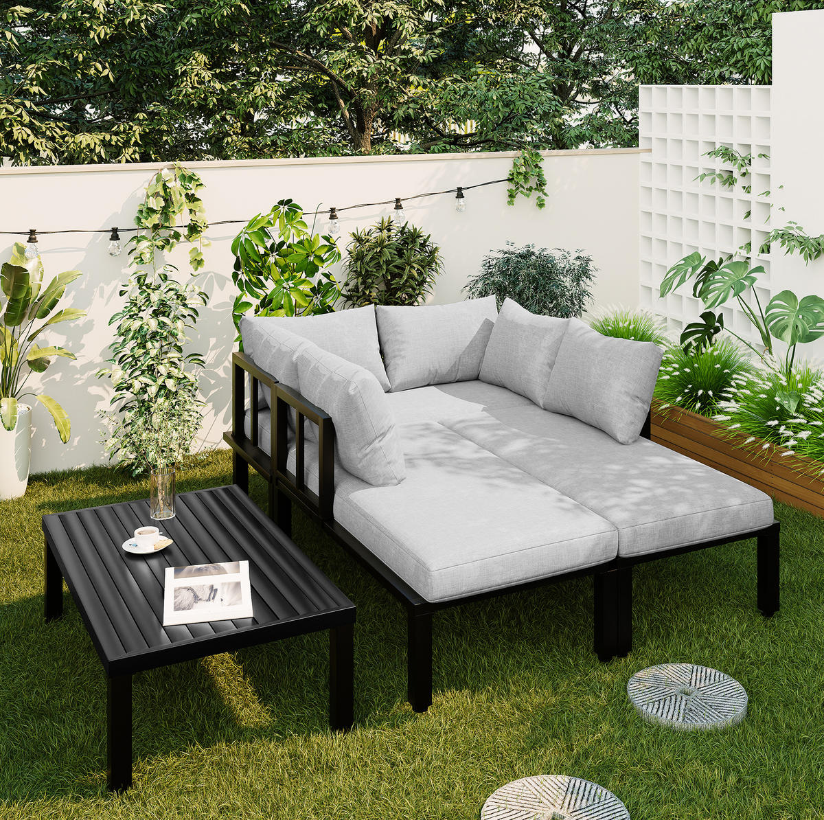 GARTEN-LOUNGE-SET für 6 Personen mit modularem Design, abnehmbaren Rückenlehnen und Couchtisch, Grau - Grau, Metall - Redom
