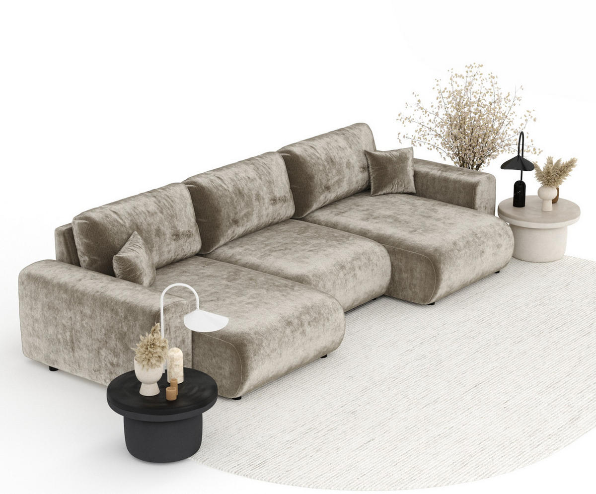PANORAMASOFA Zanzibar Beige Chenille - Beige/Schwarz, Holz/Holzwerkstoff (325/79/144cm) - Maison de Reve