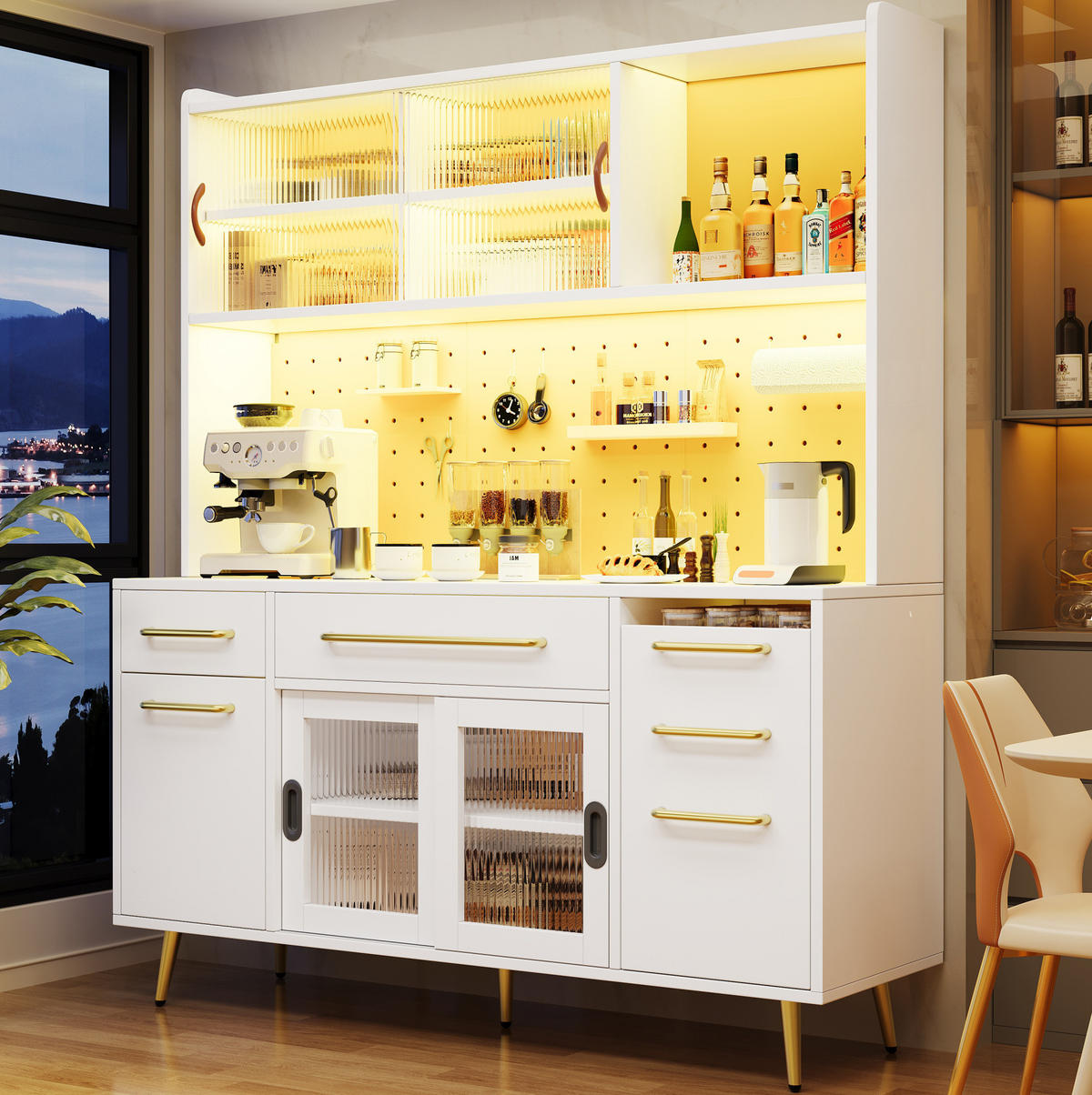 KREDENCA iz MDF in stekla, 145/39/171 cm bela z LED-osvetlitvijo - bela, leseni material (145/171/39cm) - Modenvie