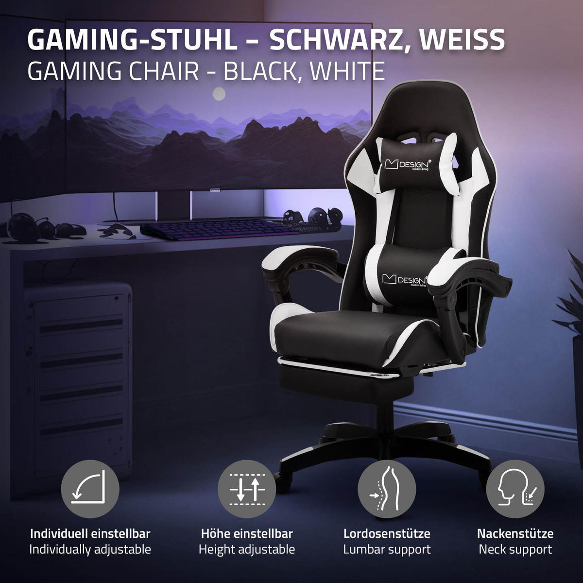 GAMING STUHL Schwarz-Weiß aus Kunstleder - Schwarz/Weiß, Kunststoff/Metall (62/119/62cm) - ML-DESIGN