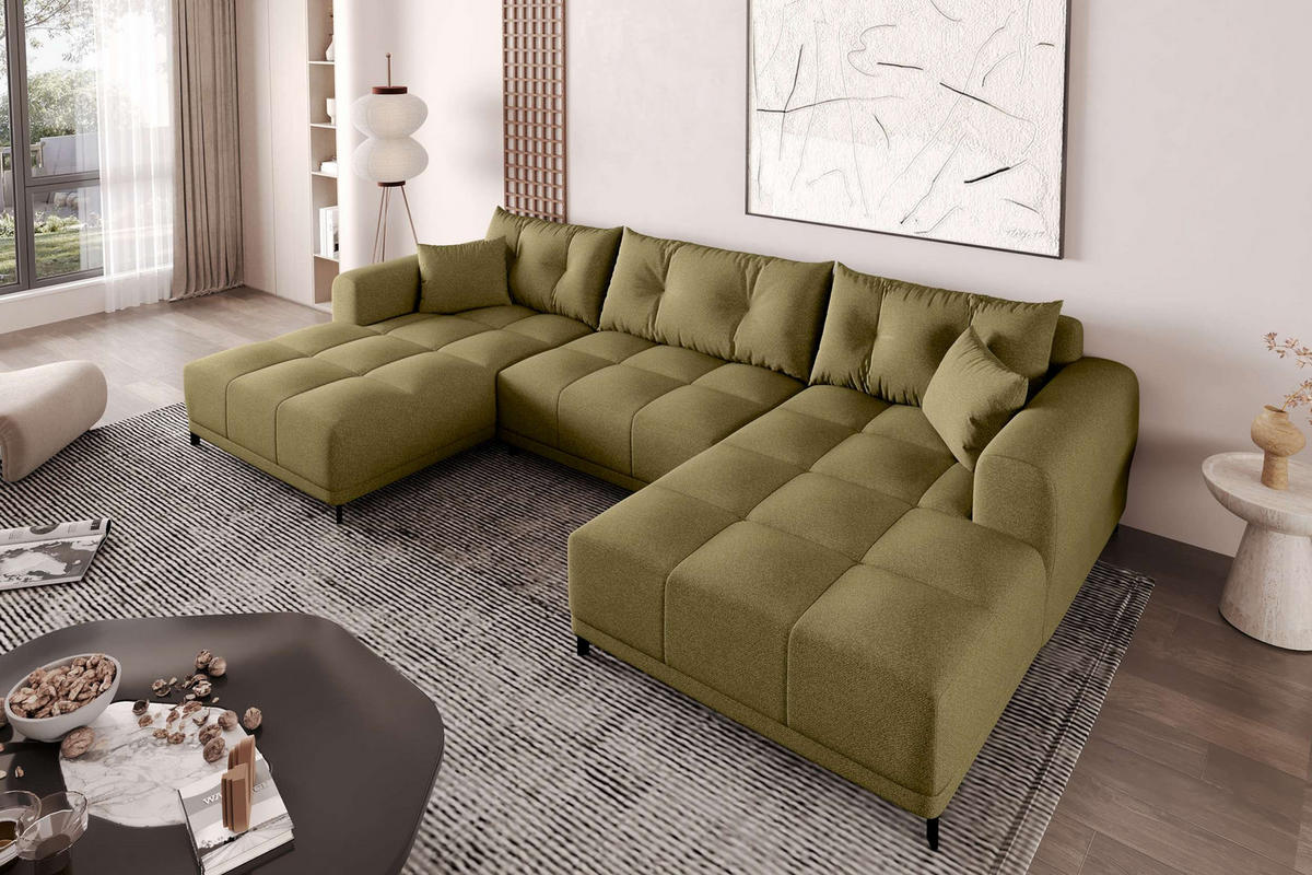 WOHNLANDSCHAFT Strukturstoff Khaki inkl. Schlaffunktion - Schwarz/Olivgrün, Textil/Metall (348/94/181cm) - 99rooms