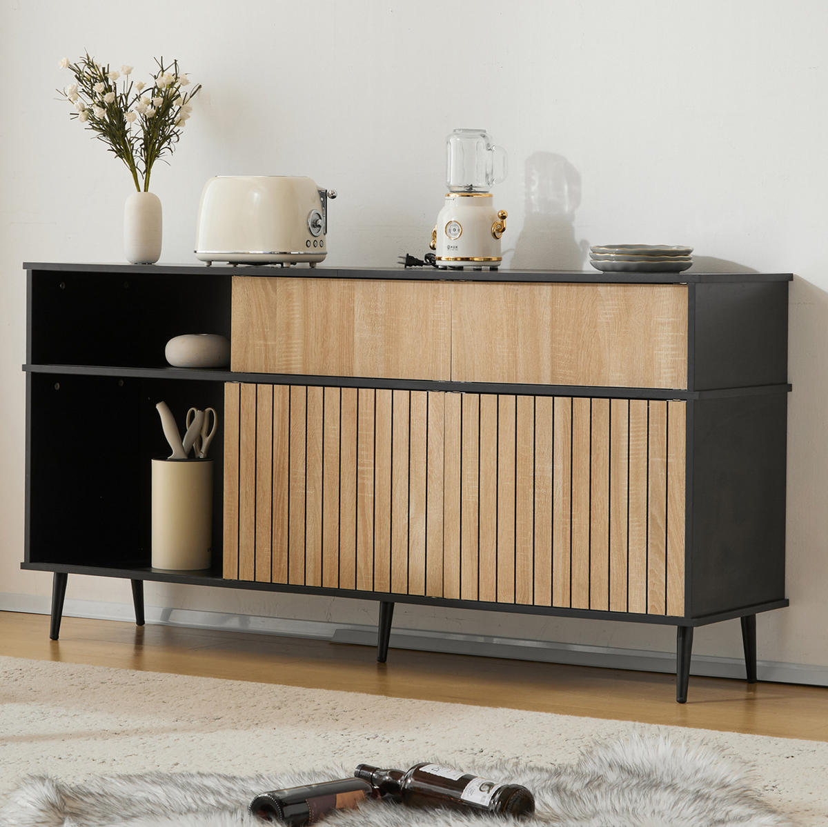 KOMMODE 160/40/80 cm aus Spanplatte mit 4 Schiebetüren und 1 Schublade Schwarz/Natur - Schwarz, Holzwerkstoff (160/80/40cm) - Modenvie