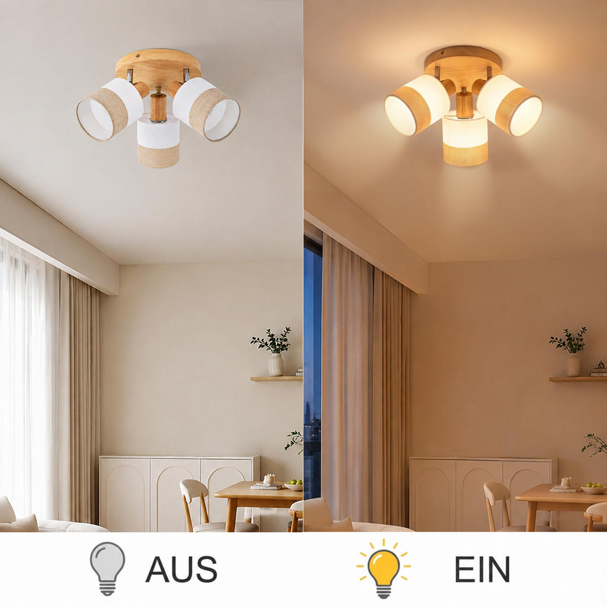 DECKENSTRAHLER Morvric 20/20/21 cm - Braun/Weiß, Holz/Textil (20/20/21cm) - ZMH