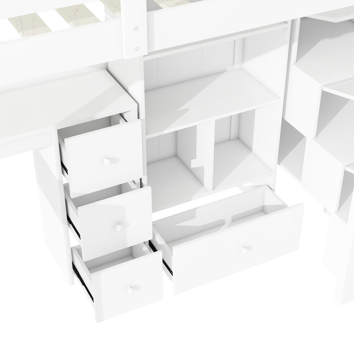 HOCHBETT aus Kiefernholz und MDF 90x200 cm Weiß mit Schreibtisch, Stauraumtreppe und Schubladen - Weiß, Holzwerkstoff (90/200cm) - IVMEU