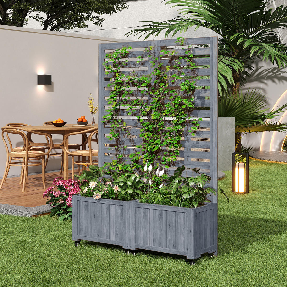 PFLANZKÜBEL Massives Tannenholz mit Spalier Grau - Grau, Holz (32/32/102.5cm) - ComfortXL