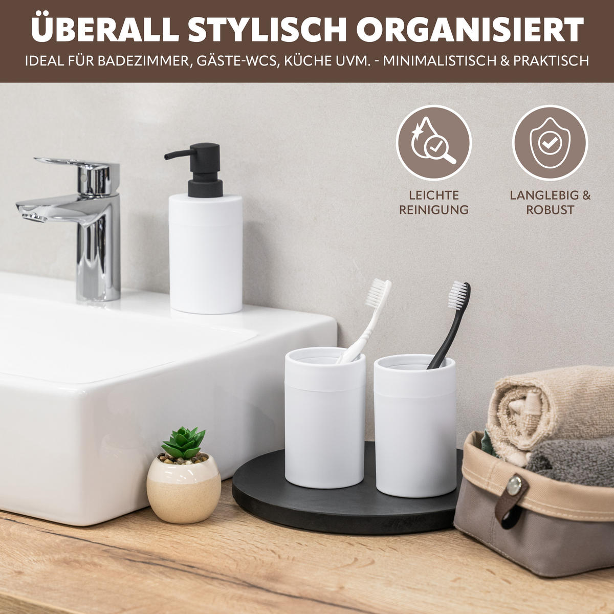 BADEZIMMER-SET SAVONA, Soft-Touch, weiß, rund - Weiß, Kunststoff (7/16/9cm) - bremermann