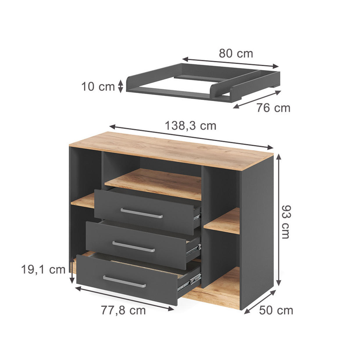 WICKELKOMMODE Olina, Anthrazit/Goldkraft Eiche, 138.3 x 93 cm - Eichefarben/Anthrazit, Holzwerkstoff (138.3/93/50cm) - Vicco