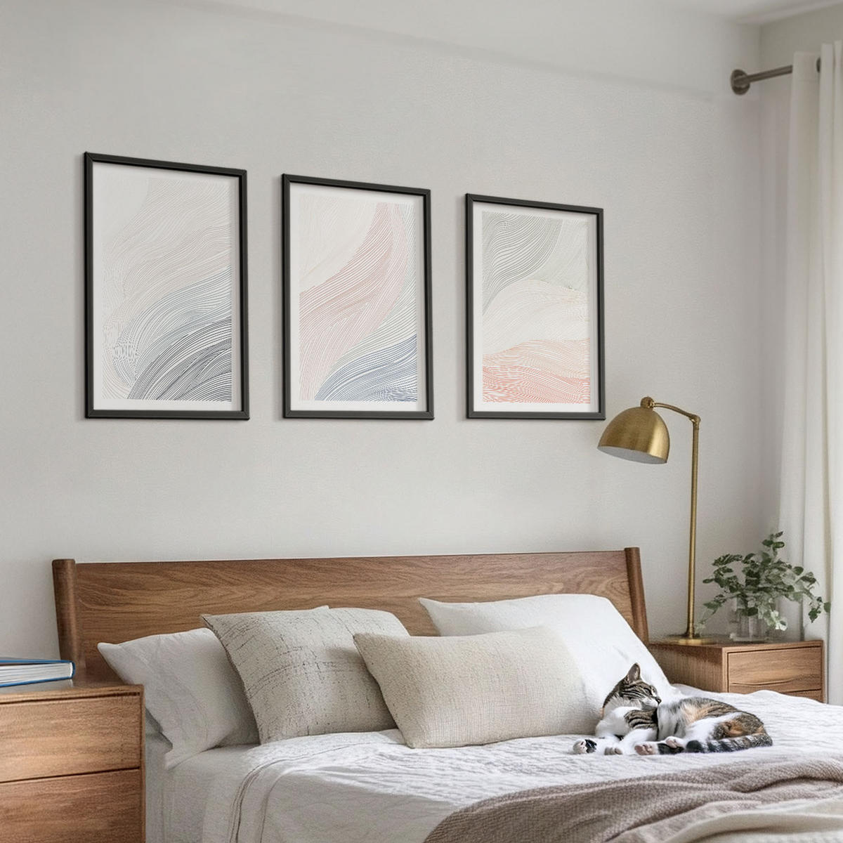 BILDER SET 3er Set - 40x60 cm Schwarzer Rahmen - Abstrakte Wellen, Karton, Pastell - Schwarz, Kunststoff (40/60cm) - TULUP