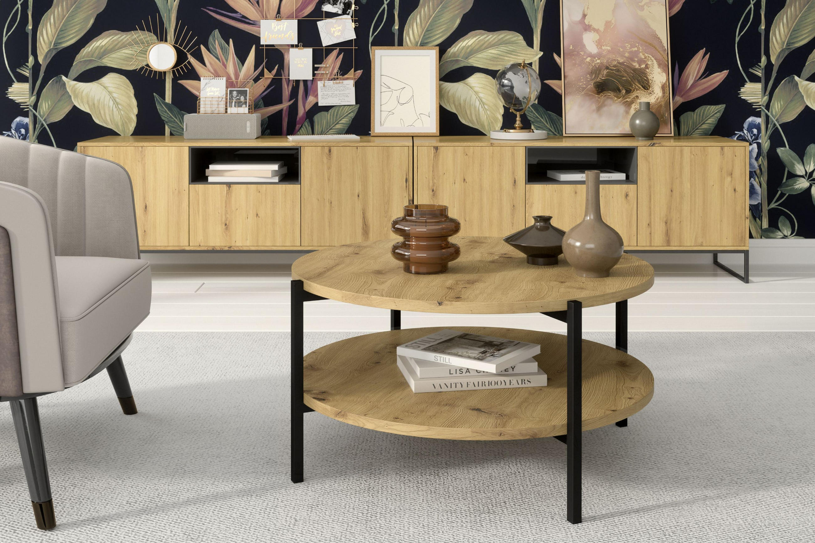 COUCHTISCH GERIS mit Ablageboden, Spanplatte, braun - Schwarz/Braun, Holz/Metall (85/85/43cm) - KONSIMO®