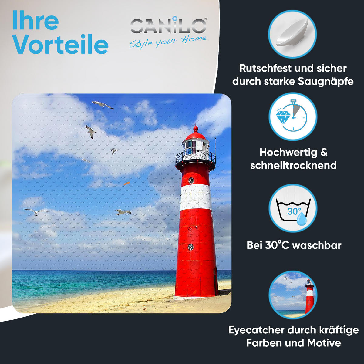 BADEMATTE Leuchtturm - Blau, Kunststoff (53/53cm) - Sanilo