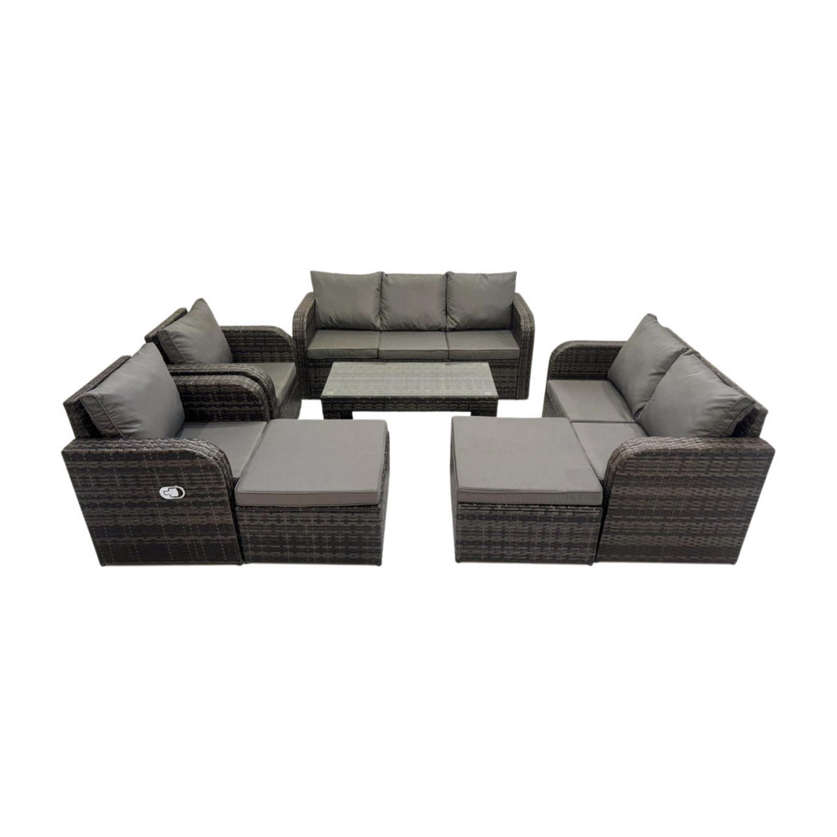 GARTENMÖBEL SET mit Sofa Polyrattan 9-Sitzer Dunkelgrau - Dunkelgrau/Grau, Glas/Kunststoff - Fimous