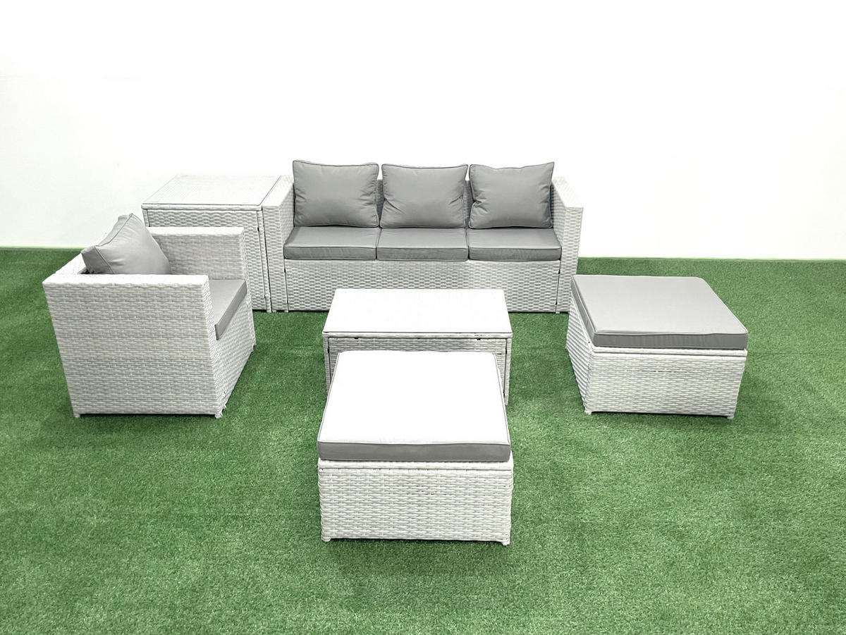 GARTENSET mit 3-SITZER SOFA,COUCHTISCH Polyrattan Hellgrau-Mix 6-Sitzer - Hellgrau/Grau, Glas/Kunststoff - Fimous
