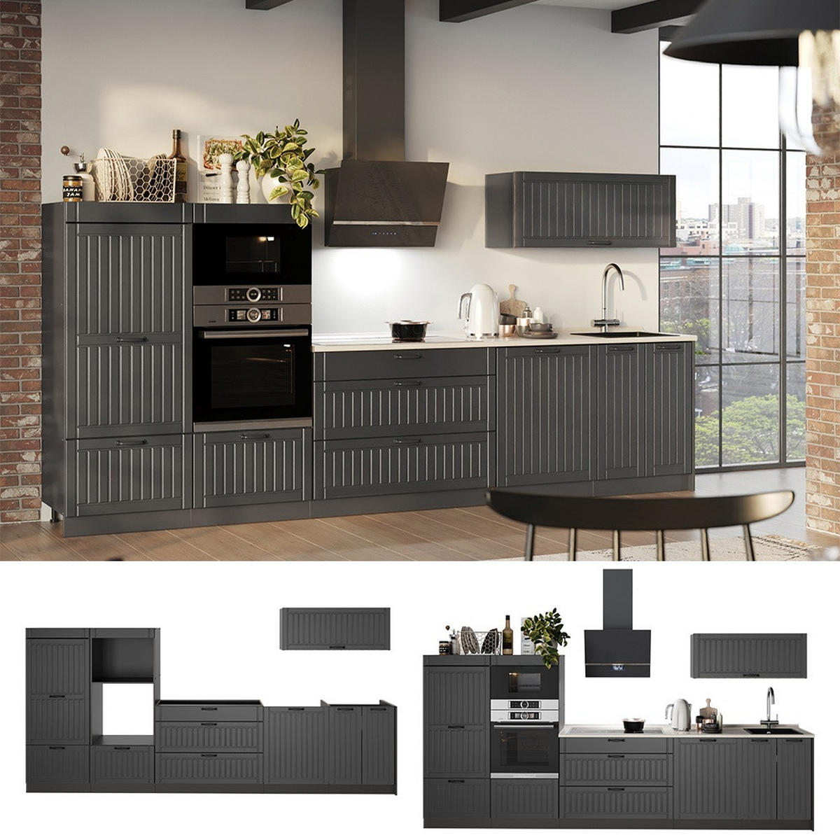KÜCHENZEILE Fame-Line, Dunkelgrau/Anthrazit, 340 cm, AP Marmor - Dunkelgrau/Anthrazit, Holzwerkstoff (340/153.6/60cm) - Vicco