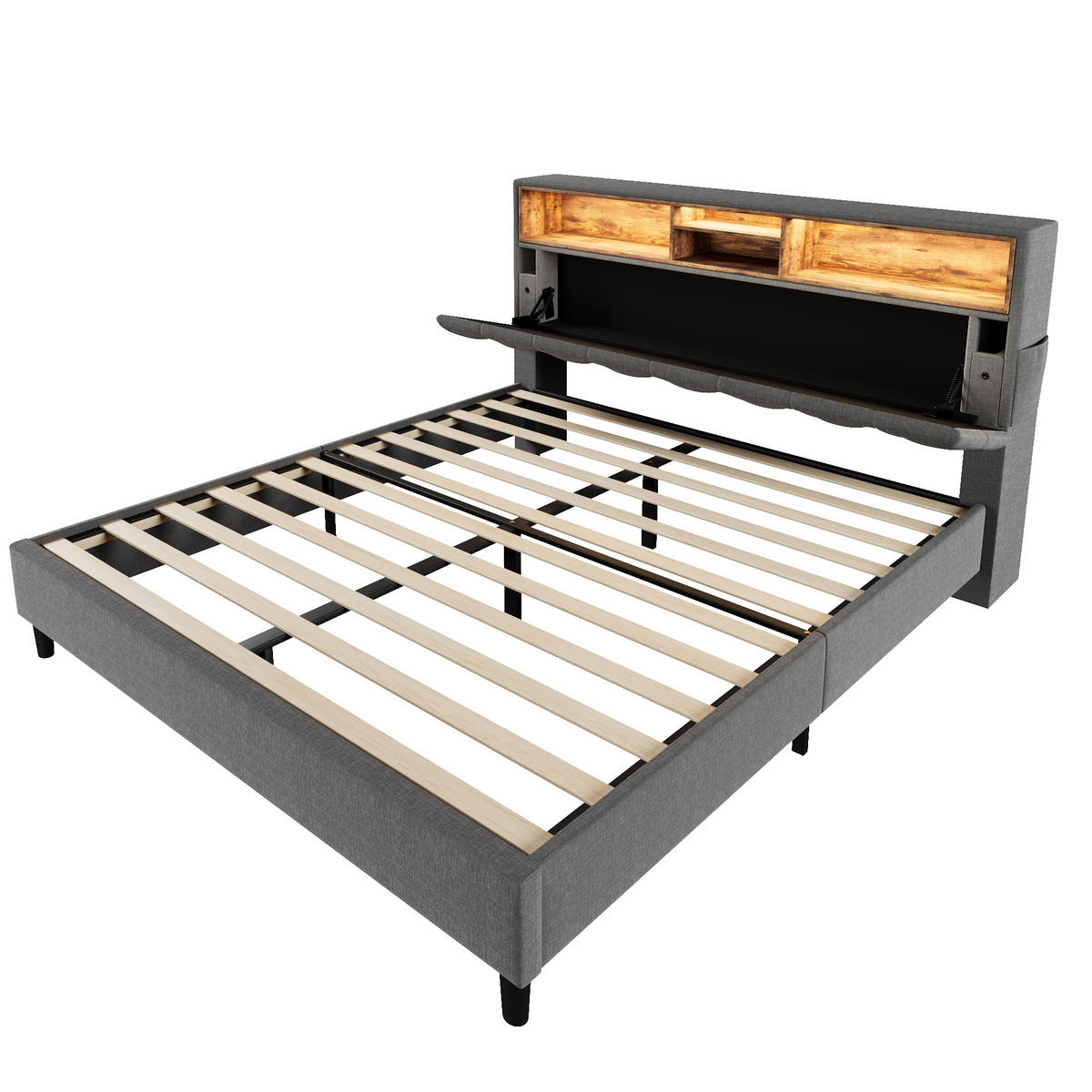 POLSTERBETT 140/200 cm Grau mit Stauraum-Kopfteil und LED-Beleuchtung - Grau, Holz (140/200cm) - OKWISH