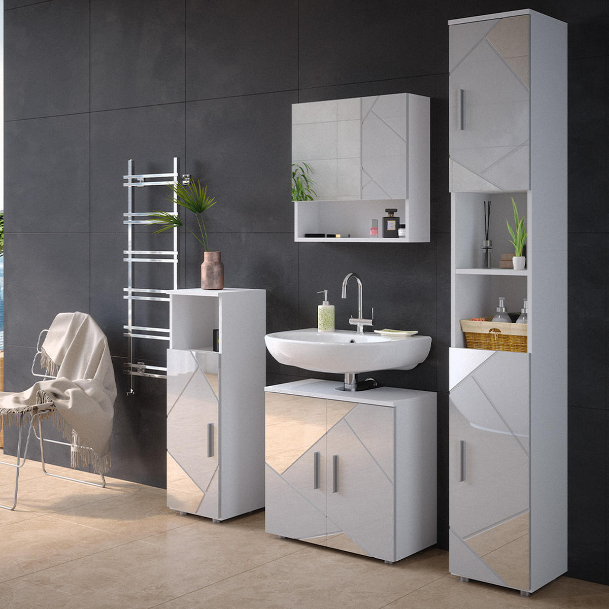 BADMÖBEL-SET Irma Weiß Hochglanz mit Einsätzen 4 Teile mit Hochschrank - Weiß Hochglanz, Holzwerkstoff (80/58.6/41cm) - Vicco