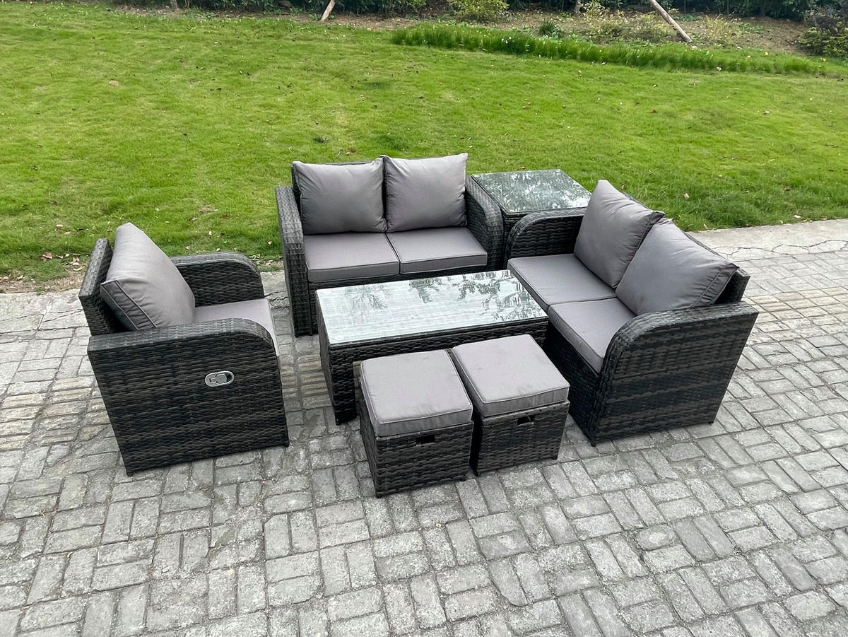 GARTENSOFA SET mit rechteckigem COUCHTISCH Polyrattan 7-Sitzer Dunkelgrau - Dunkelgrau/Grau, Glas/Kunststoff - Fimous