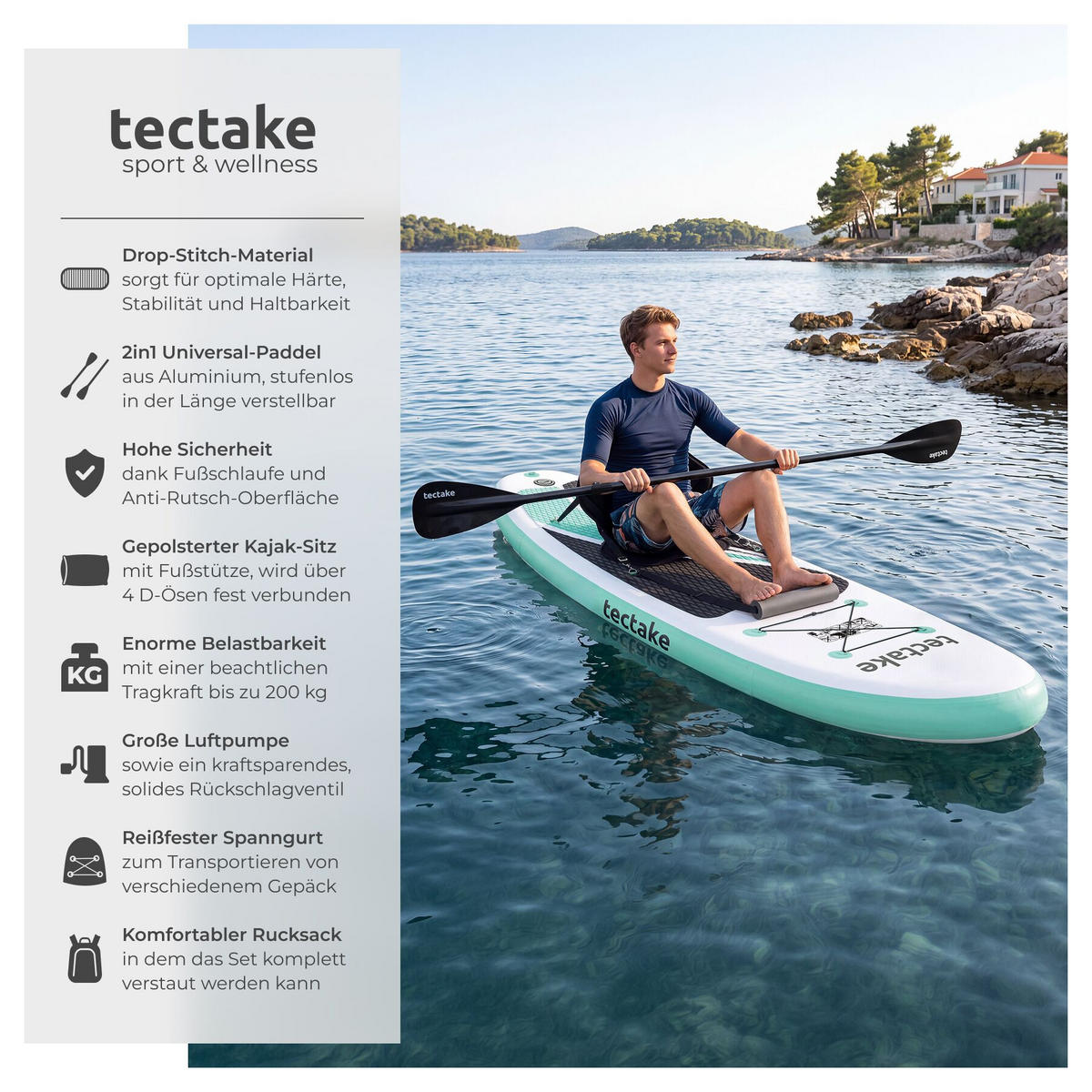 STAND-UP-PADDLE-BOARD 2in1 aufblasbar, Komplettset mit Fußschlaufe, 288 x 77 x 22,5 cm, bis 200 kg belastbar - Weiß, Kunststoff (288/77/0.23cm) - tectake