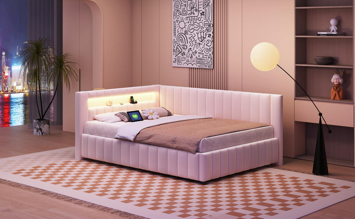 POLSTERBETT 140x200 cm LED USB beige - Beige, Textil (140/200cm) - Fortuna Lai