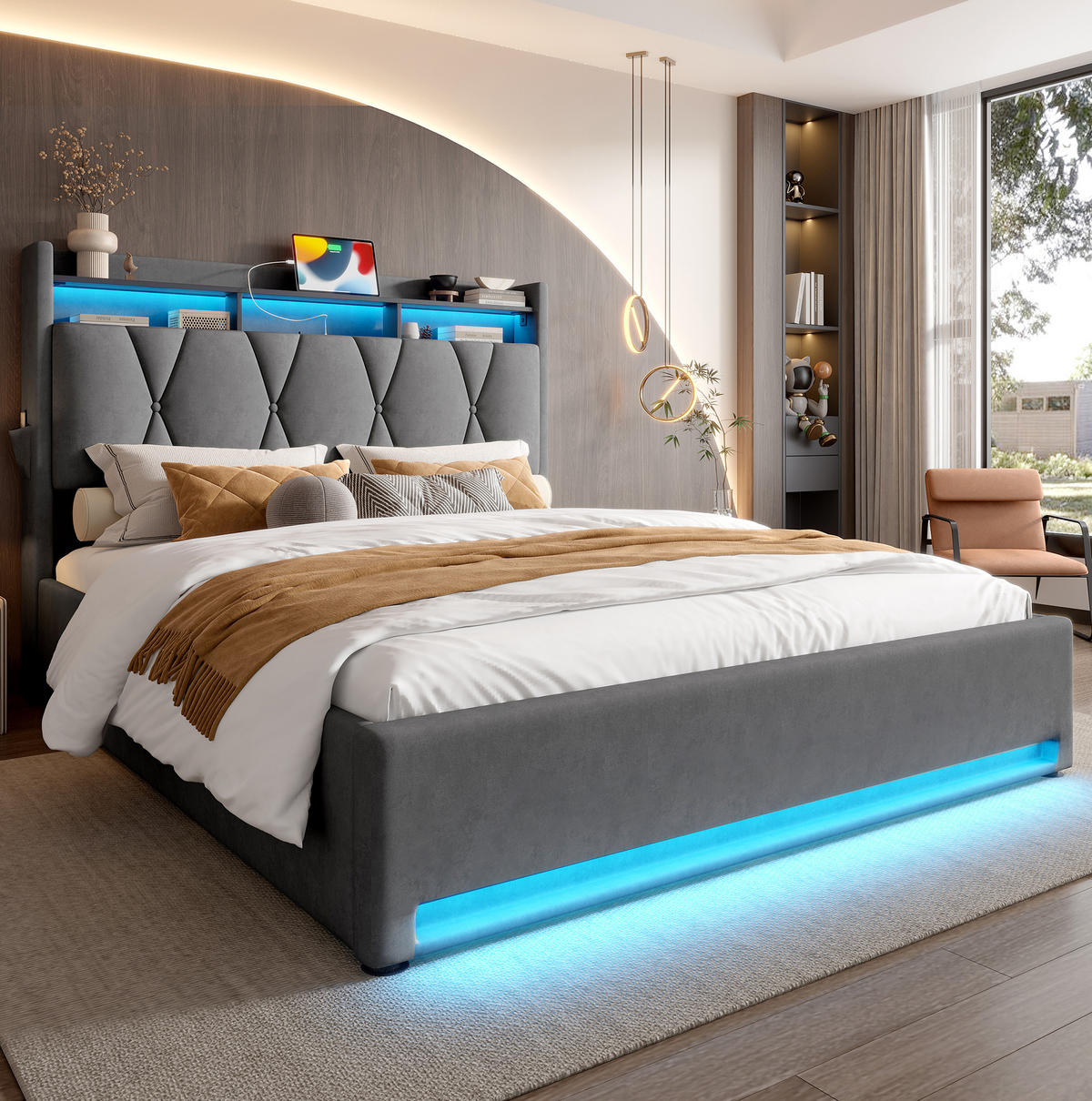 POLSTERBETT 140/200 cm mit LED-Beleuchtung, USB- und Type-C-Anschluss, Stauraum-Kopfteil und Bettkasten, Dunkelgrau - Dunkelgrau, Textil (140/200cm) - Redom
