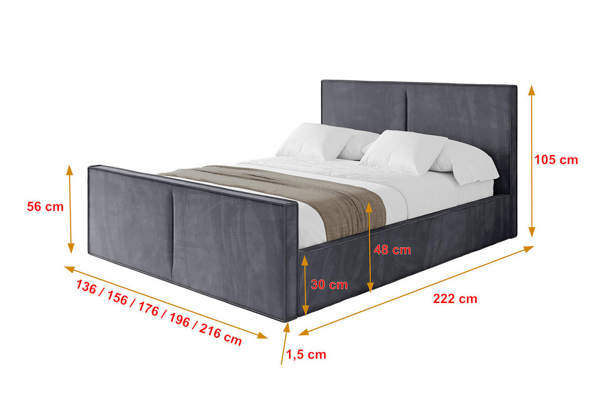 POLSTERBETT mit Bettkasten, Fußteil und Lattenrost, Boxbett ohne Matratze - EMMI-Z 180x200 Dunkelgrau - Dunkelgrau, Holzwerkstoff/Textil (180/200cm) - ALTDECOR