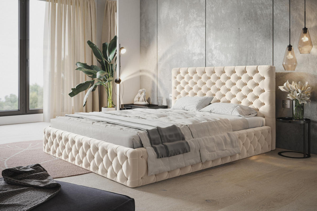 BETT 160x200 - Polsterbett mit Bettkasten und Holzrahmen - Elegant Betten - Weicher Jasminstoff - Kollektion Miami, Beige - AlpiMeble - Beige, Holz/Kunststoff (160/200cm) - Alpi-Möbel