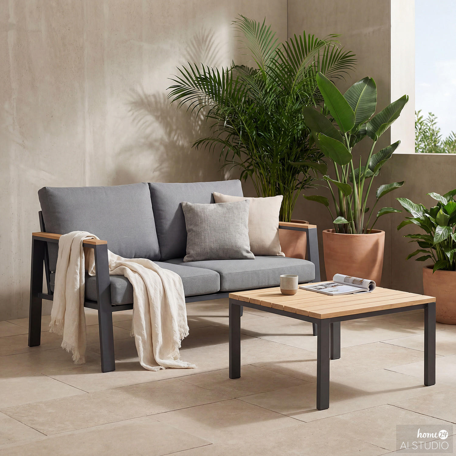 LOUNGESET - Eukalyptus massiv / Polyester - Braun / Anthrazit - 2-teilig - Braun/Grau, Holz/Textil - home24