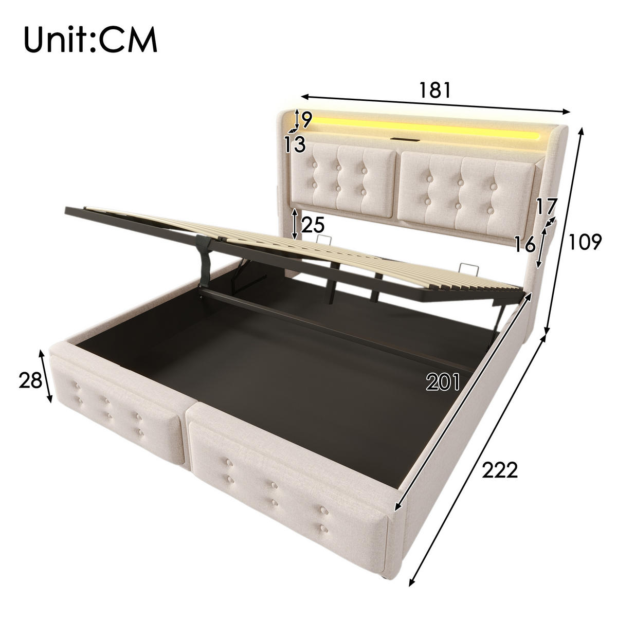 POLSTERBETT mit Stauraum, LED und Ladefunktion 180x200 cm Beige - Beige, Metall (180/200cm) - Meubliv