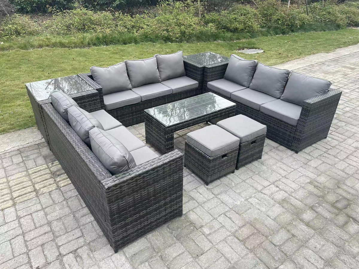 SITZGRUPPE Polyrattan 11-Sitzer - Dunkelgrau/Grau, Glas/Kunststoff - Fimous