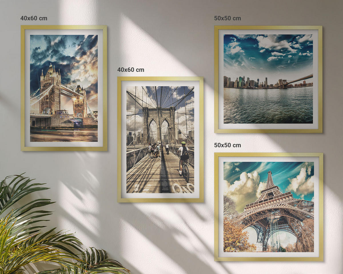 WANDBILDER 4er Set - 50x50 cm & 40x60 cm Goldrahmen - Turmbrücken in europäischen Städten - Goldfarben, Kunststoff (50/50cm) - ArtPrintCave