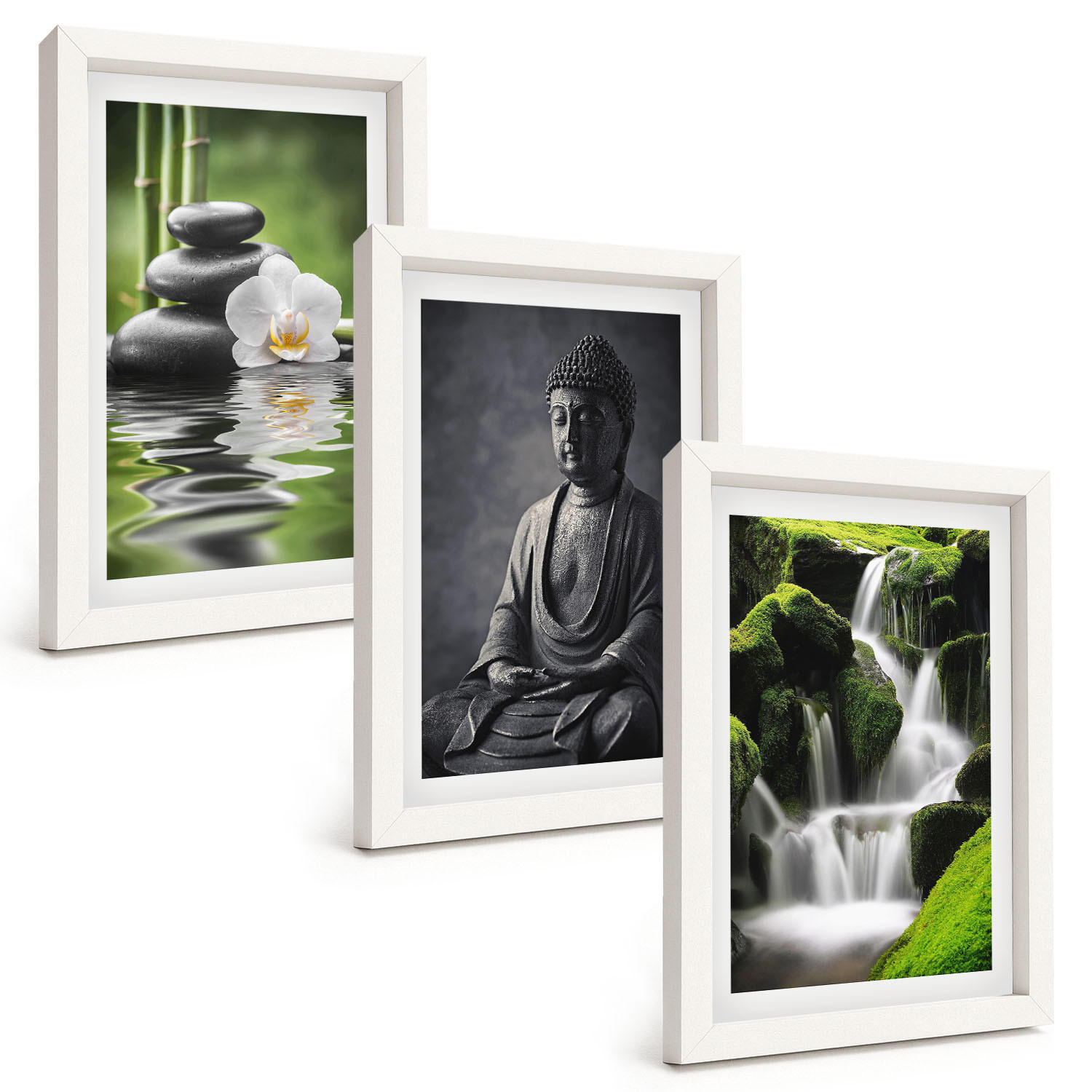 BILDER SET 3er Set - 20x30 cm Weißer Rahmen - Entspannende Zen-Wassermalerei - Weiß, Kunststoff (20/30cm) - TULUP