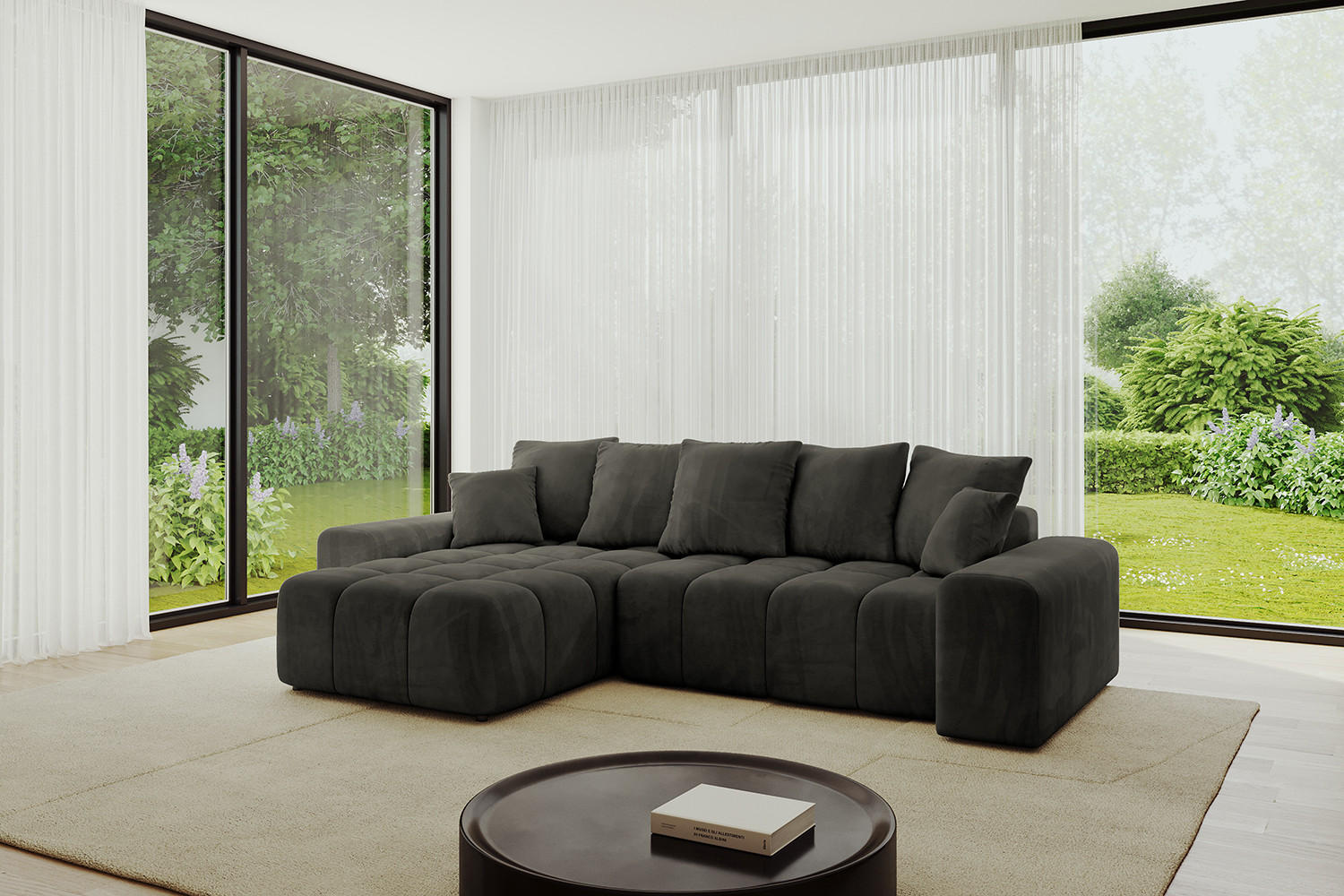 ECKSOFA Ottomane links/rechts ENIL-L 297x189x68 Schwarz Velours - Schwarz, Holzwerkstoff/Kunststoff (297/189cm) - ALTDECOR