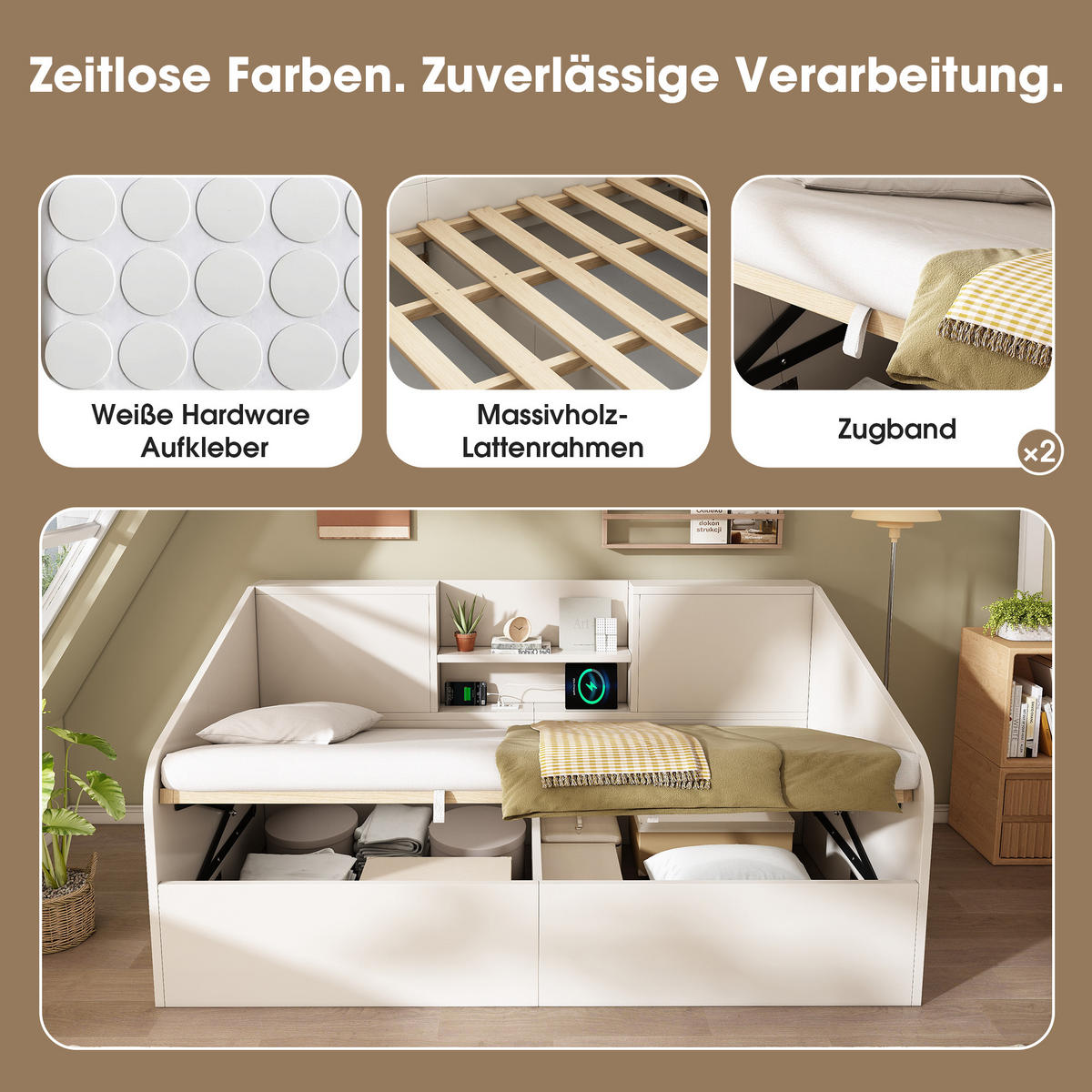 POLSTERBETT 90/200 cm mit USB- und Type-C-Ladestation, hydraulischem Stauraum und Ablagen, Holz, Weiß - Weiß, Textil (90/200cm) - Redom