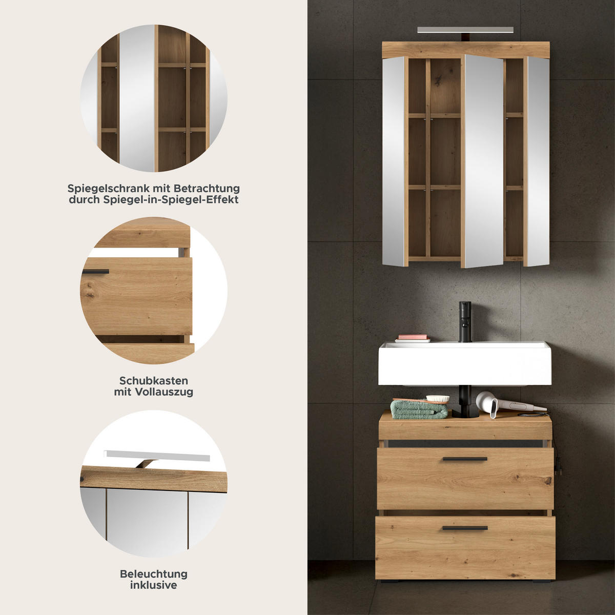 BADEZIMMER Vento 3-tlg. (B/H/T: ca. 60/191/34 cm) in Artisan Eiche /Artisan Eiche - Eiche Artisan, Holz (60/191/34cm)