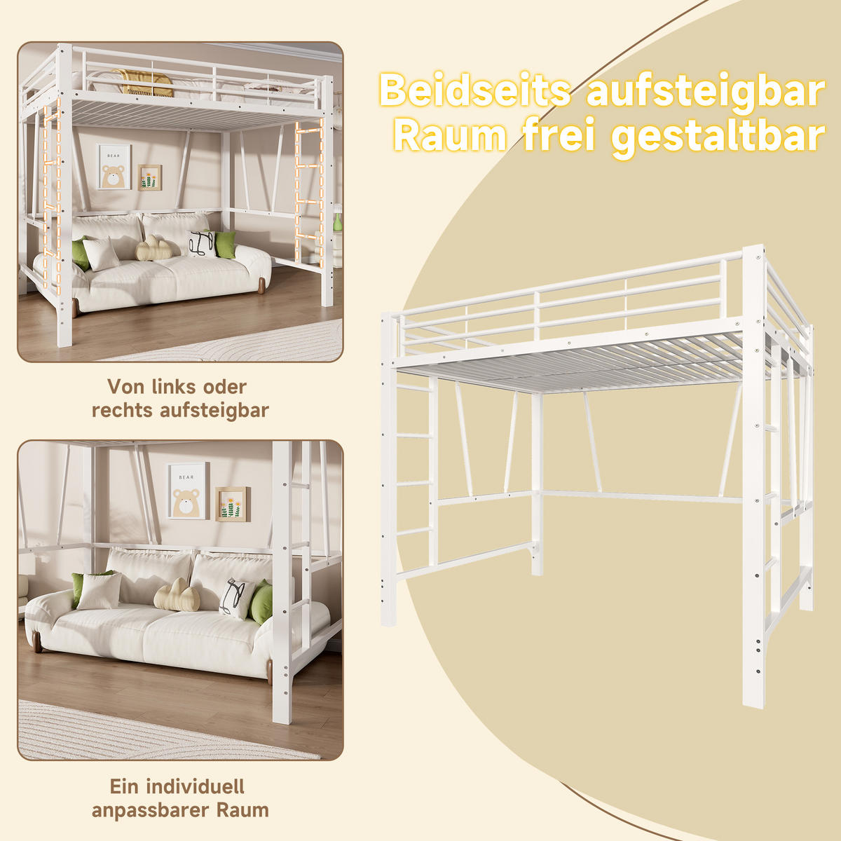 HOCHBETT 140/200 cm in Weiß mit Doppelleiter, Schutzgeländer und offenem Raum unter dem Bett aus Metall - Weiß, Metall (140/200cm) - STILVORA