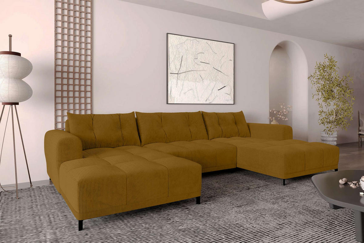 WOHNLANDSCHAFT Massimo Cordstoff Goldfarben inkl. Schlaffunktion - Goldfarben/Schwarz, Textil/Metall (356/94/181cm) - 99rooms