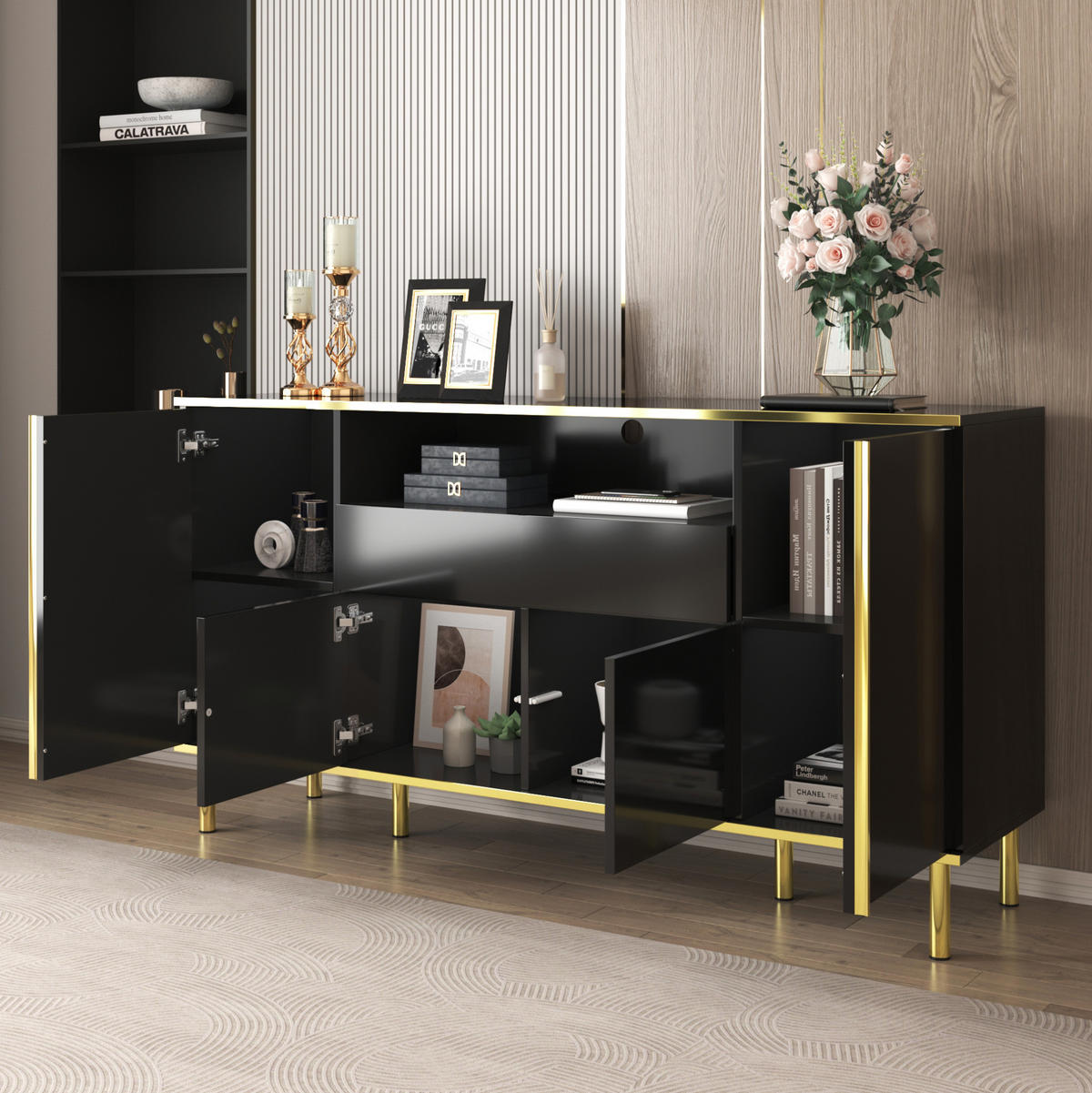 SIDEBOARD in Hochglanz Schwarz mit goldenen Akzenten, 4 Türen, 1 Schublade und LED-Beleuchtung, 150/40/80 cm, Schwarz - Schwarz, Holzwerkstoff (150/80/40cm) - Redom