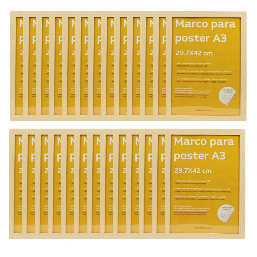 RAHMEN Set mit 24 aus MDF und Acrylglas Schutz und Aussteller für Fotografien, Bilder, Poster, Gemälde, Dekoration für Haus Farbe Hellholz A3 - Beige, Holz (29.7/3/42cm) - Nacnic