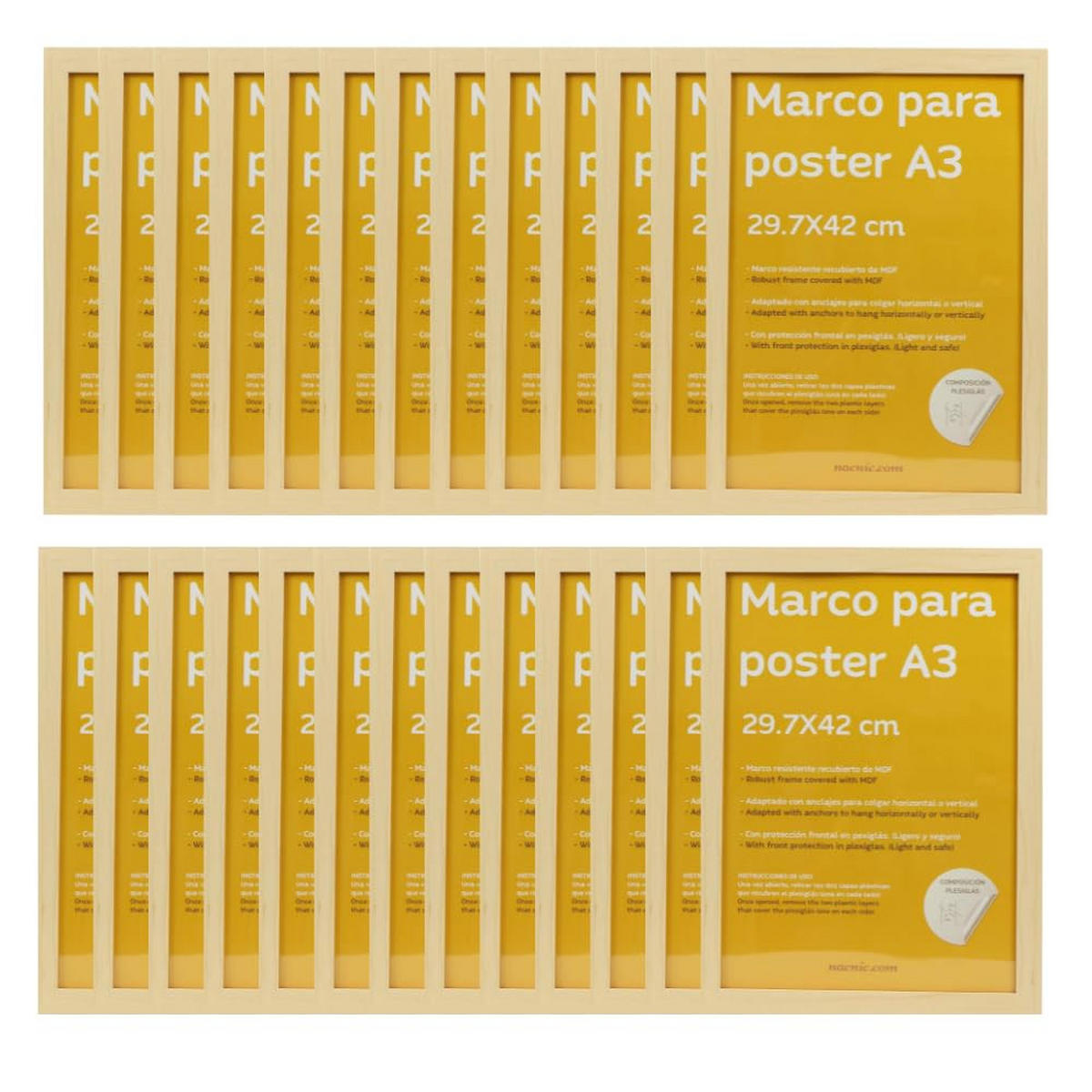 RAHMEN Set mit 24 aus MDF und Acrylglas Schutz und Aussteller für Fotografien, Bilder, Poster, Gemälde, Dekoration für Haus Farbe Hellholz A3 - Beige, Holz (29.7/3/42cm) - Nacnic