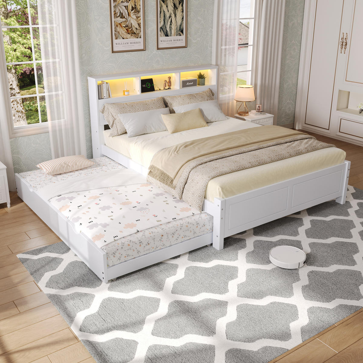 DOPPELBETT aus Kiefernholz und MDF 120x200 cm Weiß mit Ausziehbett, LED-Beleuchtung und Ladebuchse - Weiß, Holz (120/200cm) - IVMEU
