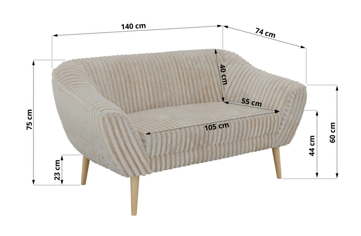 2-SITZER-SOFA PIRS - Beige Cord - Holzbeine - Beige/Buchefarben, Holzwerkstoff/Textil (140/75/74cm) - MKS
